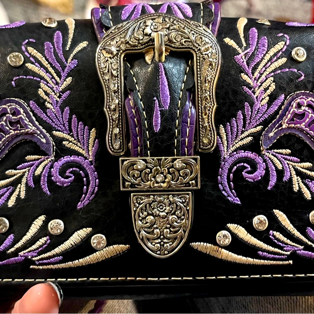 Purple and Black Western style buckle wallet/crossbody purse.